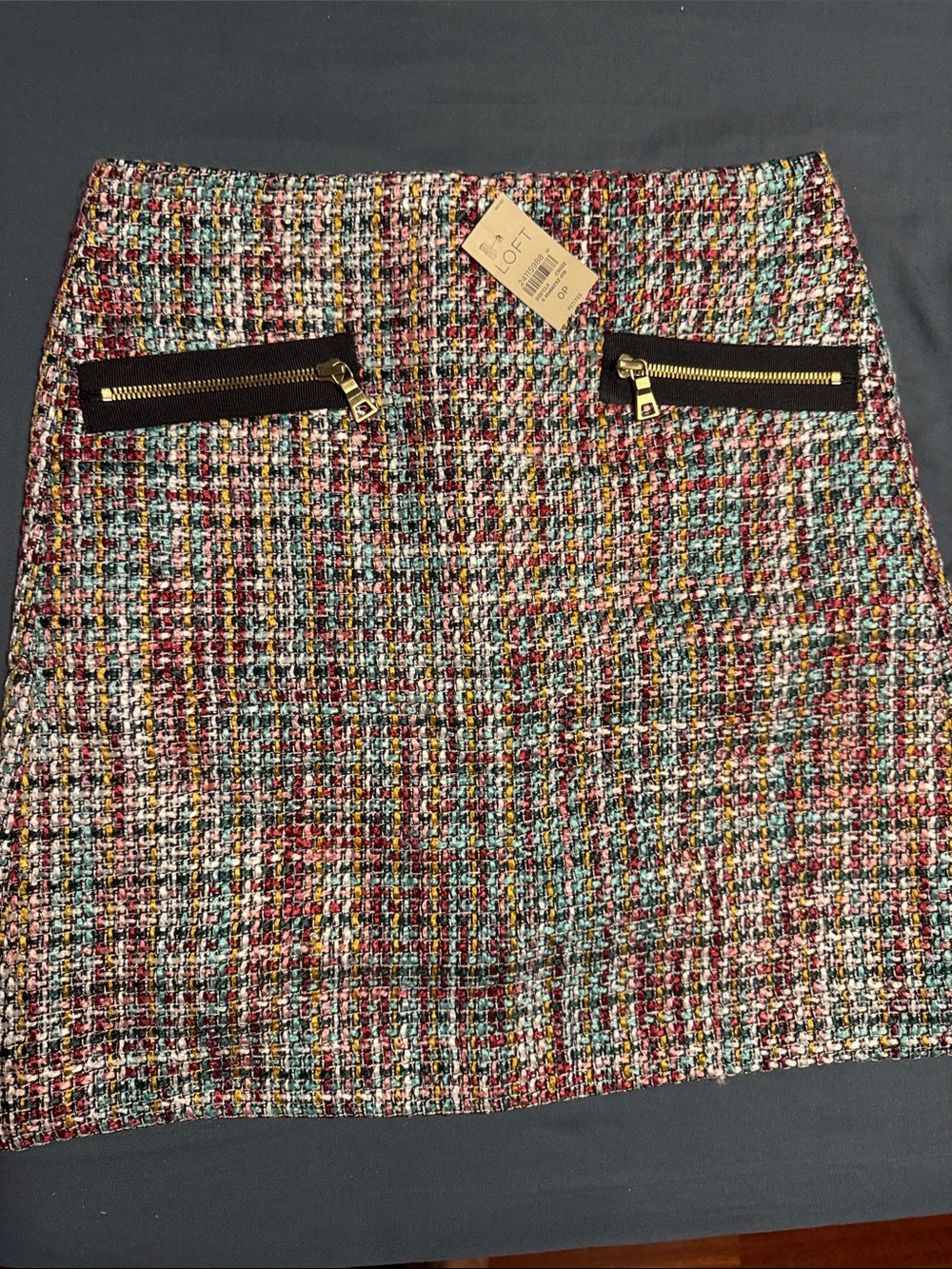 LOFT Multicolor Tweed Mini Skirt with Black Trim & Gold Zippers